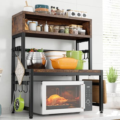 EnHomee 4-Tier Microwave Stand for Kitchen Storage, Brown | 205 lb Capacity, Adjustable Kitchen Shelves with 9 Hooks & Cutting Board Rack - color: Brown