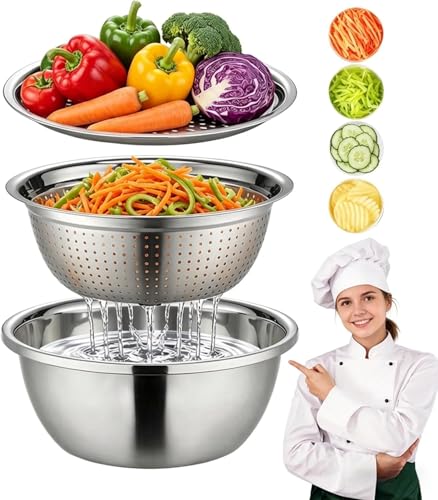 Germany Multifunctional Stainless Steel Basin - 2026 New 3-in-1 Grater Strainer and Drain Basket Set with Vegetable Slicer, 10.24 Inch for Kitchen Rinsing Draining Mixing