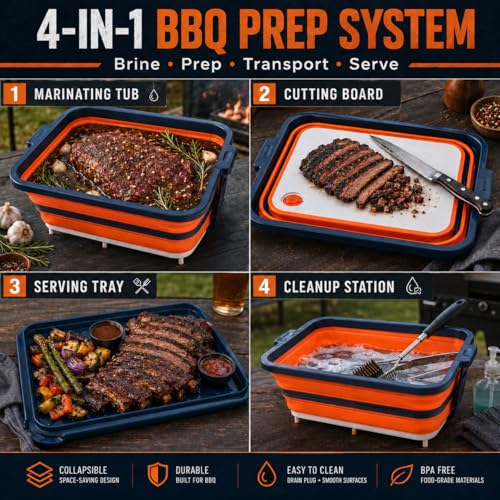 Collapsible BBQ Prep Tub with Convertible Cutting Board Design & Serving Lid – XL Brine Container & Meat Prep System for Brisket, Smoking, Grilling, Camping & Tailgating