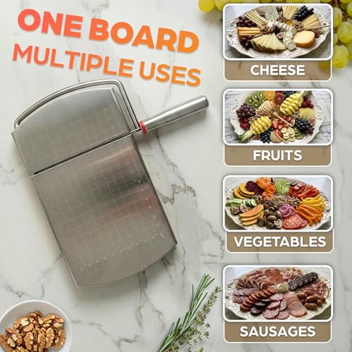 Stainless Steel Cheese Slicer for Block Cheese with Blade & Locking Design - Multipurpose Manual Cheese Cutter Board 9.92 x 8.27 x 1.18 in for Slicing Butter, Vegetables, Fruits, Snacks & Deli Foods