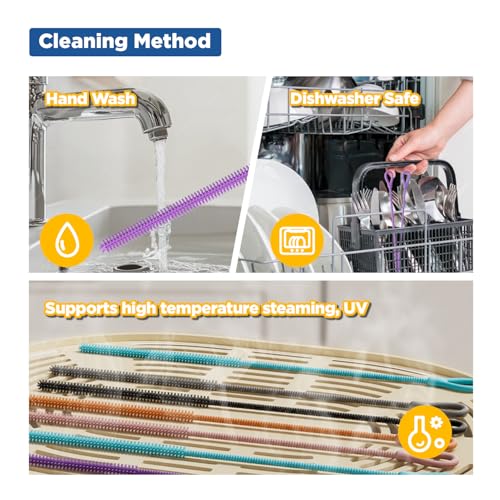 YOTIME Silicone Straw Cleaner Brush, 2Pcs Reusable Straw Brush Extra Long for Cleaning Tumbler with Handle and Glass Metal Smoothie Straws, Non-slip Handle Soft and Bendable, 6mm+9mm, Purple - color: Purple