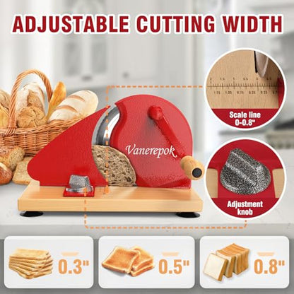 vanerepok Manual Bread Slicer Adjustable Thickness for Homemade Sourdough | Hand Crank Bread Cutter with Scale & Stable Suction Cups & Wood Base for Even Slicing Perfect Baking Gift for Home Bakers - color: Red