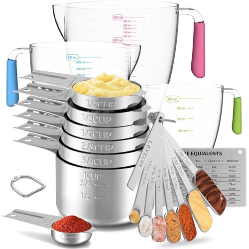 Stainless Steel Measuring Cups and Spoons Set, 6 Stainless Steel Measuring Cups, 7 Measuring Spoons & 1 Leveler, 3 Plastic Measuring Cup with 1 Measuring Conversion Chart - color: Sliver-Rectangle Measuring Spoons and Cups Set