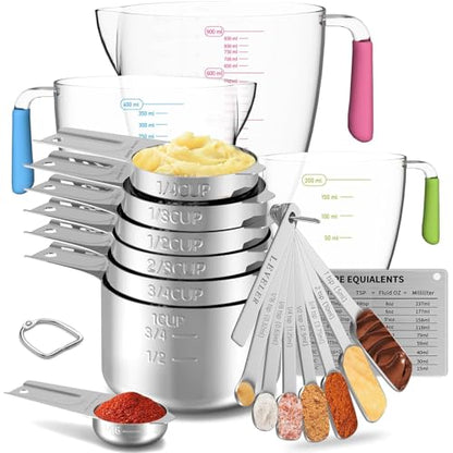 Stainless Steel Measuring Cups and Spoons Set, 6 Stainless Steel Measuring Cups, 7 Measuring Spoons & 1 Leveler, 3 Plastic Measuring Cup with 1 Measuring Conversion Chart - color: Sliver-Rectangle Measuring Spoons and Cups Set