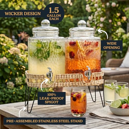 Beverage Dispensers - Set of 2 Glass Drink Dispensers with Metel Stand - 1.5-Gallon Capacity - Perfect for Lemonade, Juice, Water, Iced Tea, Punch (Wicker Design-Clear) - color: Wicker Design-Clear