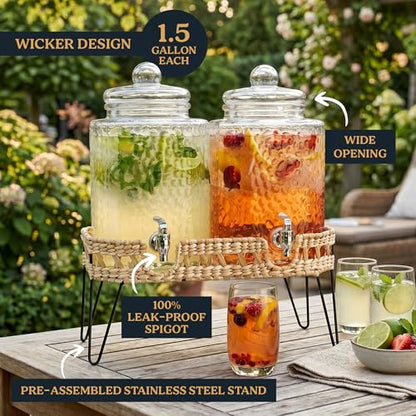 Beverage Dispensers - Set of 2 Glass Drink Dispensers with Metel Stand - 1.5-Gallon Capacity - Perfect for Lemonade, Juice, Water, Iced Tea, Punch (Wicker Design-Clear) - color: Wicker Design-Clear