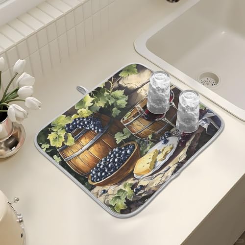 Red Wine Bottles Grapes Cheese Dish Drying Mats for Kitchen Counter, 18x24 inch Drying Dishes Absorbent Microfiber Dish Drainer Mat Rack Pad Fast Dry - size: 18x24in