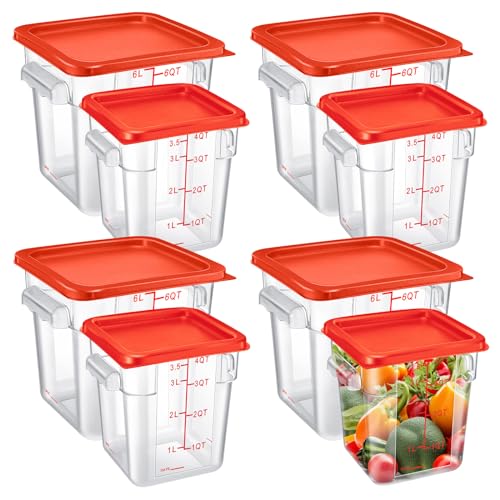 Suclain 8 Pack 4 QT and 6 QT Food Storage Containers with Lids Scales Handles Square Clear Restaurant Food Storage Containers Polycarbonate Commercial Grade for Kitchen Marinating Meat Dough(Red) - color: Red