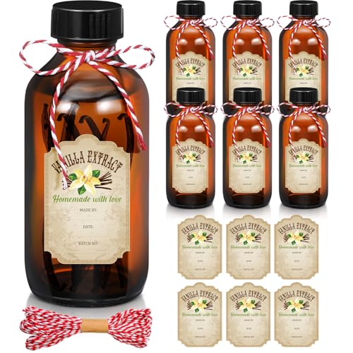 Uiifan 6 Pack Amber Glass Boston Round Bottles with Caps Brown Vanilla Extract Bottles and 6 Pcs Vanilla Extract Stickers for Syrup Gift Glass Food Storage Canister Set Sauce Beans(8 oz) - size: 8 Ounces