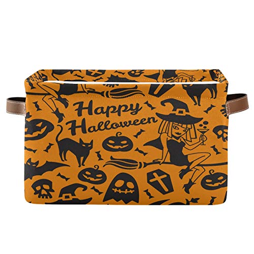 AUUXVA Storage Basket Happy Halloween Pumpkin Witch Storage Cube Box Durable Canvas Collapsible Toy Basket Organizer Bin with Handles for Shelf Closet Bedroom Home Office - color: Happy Halloween, size: 1 Pack