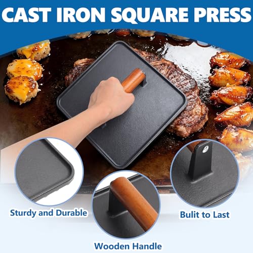 SafBbcue 14" Stainless Steel Rectangle Cheese Melting Domer Basting Cover & Cast Iron Rectangle Griddle Smash Burger Grill Weight Press for Blackstone, Pitboss, Camp Chef Flat Top Grills Accessories - style: 14InDome+10In Press