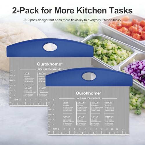 Ourokhome 2 Pack Bench Scraper Dough Cutter, Stainless Steel Dough Scraper with Laser-Etched Scale, Conversion Chart, Non-Slip Handle, Dishwasher Safe for Bread & Pastry, Blue - color: Blue