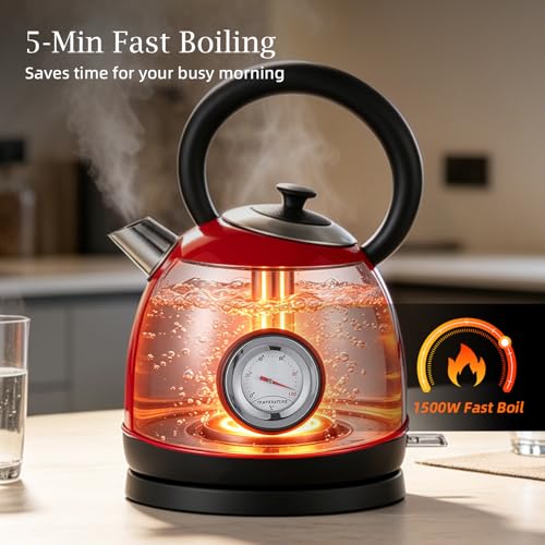 1.7L(57oz) Retro Electric Water Kettle, 1500W 304 Stainless Steel Temperature Control Tea Pot, Cordless LED, Built-in Thermometer, Auto Shut-Off & Boil Dry Protection - color: Red