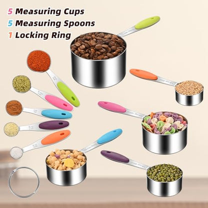 10-Piece Measuring Cups and Spoons Set, 304 Stainless Steel with Color-Coded Handles, Engraved Markings Never Fade, Plastic Free, Dishwasher Safe, Includes 1/8 Cup & 1/4 Tsp