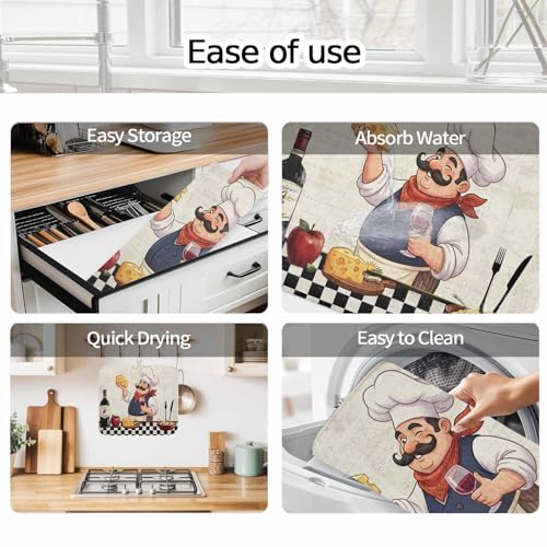 Dish Drying Mat for Kitchen Counter, Smiling Chef Cheese Wine Absorbent Dish Mats Foldable Microfiber Drainer Pad 1PCS 18"x16", Retro Kitchen Art Plate Holder Mat for Countertop Sink Decor - size: 1PCS-16x18in