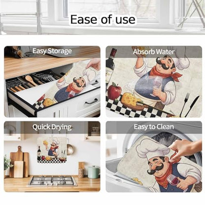 Dish Drying Mat for Kitchen Counter, Smiling Chef Cheese Wine Absorbent Dish Mats Foldable Microfiber Drainer Pad 1PCS 18"x16", Retro Kitchen Art Plate Holder Mat for Countertop Sink Decor - size: 1PCS-16x18in