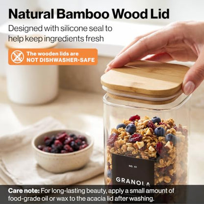 EDELHAUS Glass Storage Containers with Bamboo Lids and Labels - Set of 5 | Extra Thick Square Glass Canisters with Bamboo Wood Lids and 54 Pre-printed Pantry Labels keeps dry Goods Fresh and Organized - color: Black Labels - Bamboo Lids - 5 Pack