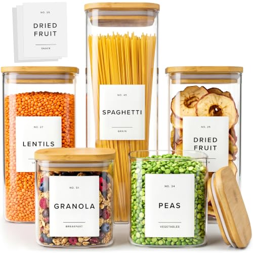 EDELHAUS Glass Storage Containers with Bamboo Lids and Labels - Set of 5 | Extra Thick Square Glass Canisters with Bamboo Wood Lids and 54 Pre-printed Pantry Labels keeps dry Goods Fresh and Organized - color: White Labels - Bamboo Lids - 5 Pack