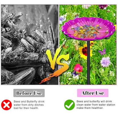 Bee Butterflies Watering Station, Standing Bee Feeder with Glass Marbles for Outside, Bee Bath Feeder with Metal Stakes Butterfly Puddler Garden Yard Déco (Rose) - color: Rose