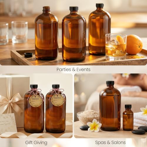 TBWIND 4 Pack 32oz Amber Glass Boston Round Bottles with Airtight Caps | Refillable Storage Bottles for Vanilla Extract, Kombucha, Cold Brew, Syrup & Oils with Droppers, Labels & Funnels - size: 32 oz