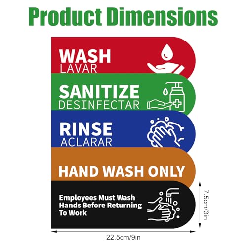 5pcs Wash Rinse Sanitize Sink Labels, 9x3in Waterproof Hand Washing Stickers for 3 Compartment Sinks for Commercial Kitchens Restaurants Food Trucks & Dishwashing Stations