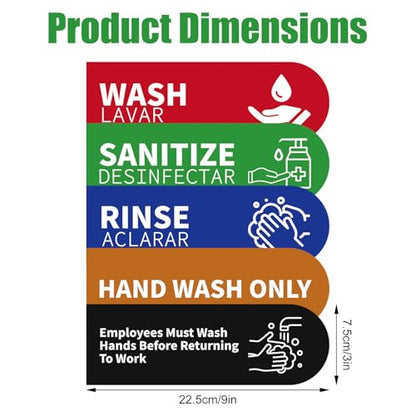 5pcs Wash Rinse Sanitize Sink Labels, 9x3in Waterproof Hand Washing Stickers for 3 Compartment Sinks for Commercial Kitchens Restaurants Food Trucks & Dishwashing Stations