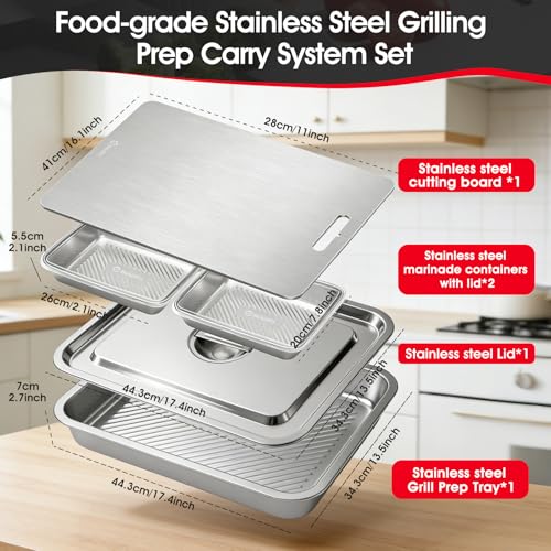 7-in-1 Stainless Steel Grill Prep Trays & Carry System, Large Lidded Marinating Containers with Cutting Board & 2 Food Storage Containers with Lids, Stackable BBQ Grill Accessories for Outdoor Cooking