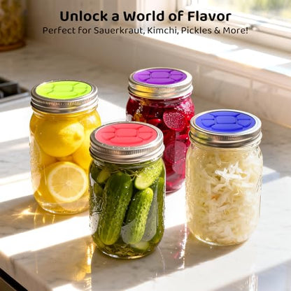 Effortless Fermenting: 5-Pack Silicone Fermentation Lids for Wide Mouth Mason Jars,Self-Burping, One-Way Airlock Valve & BPA-Free,Perfect for Sauerkraut, Kimchi & Probiotic Pickles - style: Wide Mouth/3.38(inch)/5P