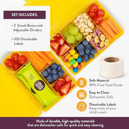 Snack Box Containers Set of 2-Reusable,100 Dissolvable Labels, 8 Adjustable Compartments, Dishwasher Safe, BPA-Free, Meal Prep Container, PARENT TESTED PARENT APPROVED AWARD (2 Pack) (Yellow) - color: Yellow, size: Small