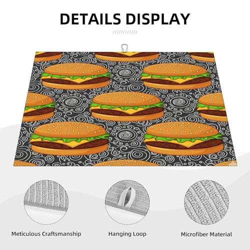Dish Drying Mat for Kitchen Counter - Cheeseburger Absorbent Heat Resistant Microfiber Dishes Drainer Mat - Kitchen Gadgets Large Coffee Machine Dish Rack Pad 18"X24"