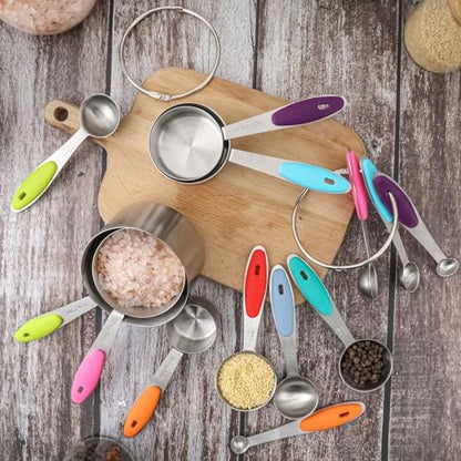 Measuring Cups and Spoons Set of 13 with Silicone Handle, Stainless Steel Nesting Measuring Cups and Spoons For Baking & Cooking (Colorful)