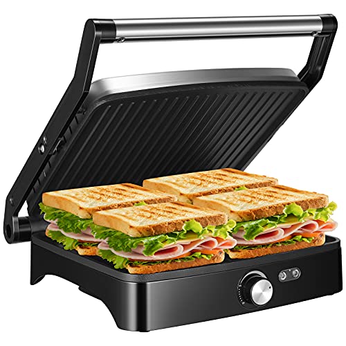 OSTBA Panini Press Grill with Adjustable Temperature, 4-Slice Indoor Grill, 180° Open Sandwich Maker with Drip Tray, Non-Stick Plates, Stainless Steel, 1200W - style: ABC19