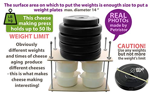 PetriStor Wooden Cheese Press for Making Supplies - 16in Metal Guides, 13in Mold With Follower Piston, 1.3Qt - Ultimate Home Cheese Press - Prensa Para Queso