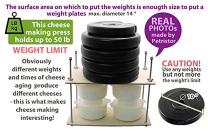 PetriStor Wooden Cheese Press for Making Supplies - 16in Metal Guides, 13in Mold With Follower Piston, 1.3Qt - Ultimate Home Cheese Press - Prensa Para Queso