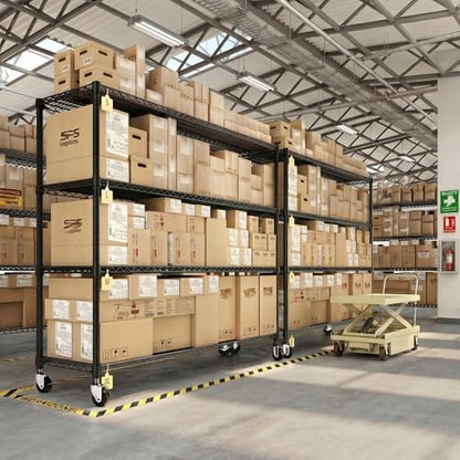 REIBII 2480LBS Capacity Heavy Duty Storage Shelves with Wheels, 1-Inch (25.4mm) Steel Tube, Adjustable Wire Shelving for Garage, Warehouse, Pantry & Commercial Use, 75.6" H x 55.5" W x 24" D - color: Black