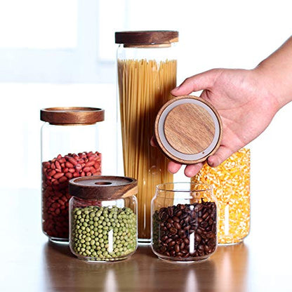 Glass Canisters Set of 5 for the kitchen, Glass Storage Container jars with Airtight Acacia Lid for Coffee Beans, Flour, Sugar, Rice and Spaghetti and etc - color: Clear Glass - Acacia Lids (Set of 5)