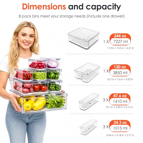 SMRCAD 8 Pack Clear Fridge Organizer Bins with Drain Trays - Stackable | BPA-Free PET, 8 Pack: 1 Drawer + 7 lidded Bins, Helps Keep Produce Fresh, 18.3L Capacity, Hand Wash Only - size: 8 Bins (Include Pull Out Drawer)