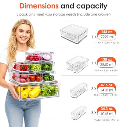SMRCAD 8 Pack Clear Fridge Organizer Bins with Drain Trays - Stackable | BPA-Free PET, 8 Pack: 1 Drawer + 7 lidded Bins, Helps Keep Produce Fresh, 18.3L Capacity, Hand Wash Only - size: 8 Bins (Include Pull Out Drawer)