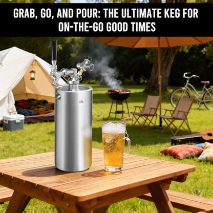MRbrew Pressurized Mini Keg 128oz, 304 Stainlsee Steel Mini Kegerator with Exhaust Valve Designed Cap Portable Beer Growler for Homebrew And Craft Beer (Silver) - color: Silver