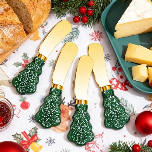 Christmas Tree Spreader Knife Set, Gold Stainless Steel Butter Knives, Holiday Serving Utensils for Cheese Jam, Gift for Home Bakers, 4-Piece - color: Green