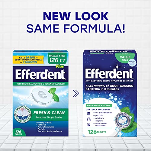 Efferdent Retainer Cleaning Tablets, Denture Cleaning Tablets for Dental Appliances, Minty Fresh & Clean, 126 Count (Pack of 2) - size: 126 Count (Pack of 2)