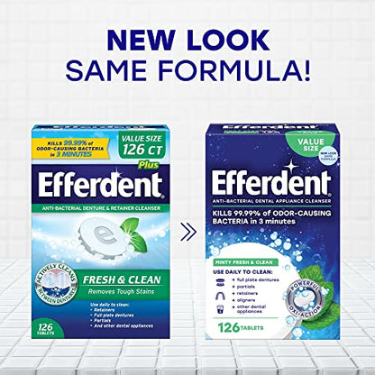 Efferdent Retainer Cleaning Tablets, Denture Cleaning Tablets for Dental Appliances, Minty Fresh & Clean, 126 Count (Pack of 2) - size: 126 Count (Pack of 2)