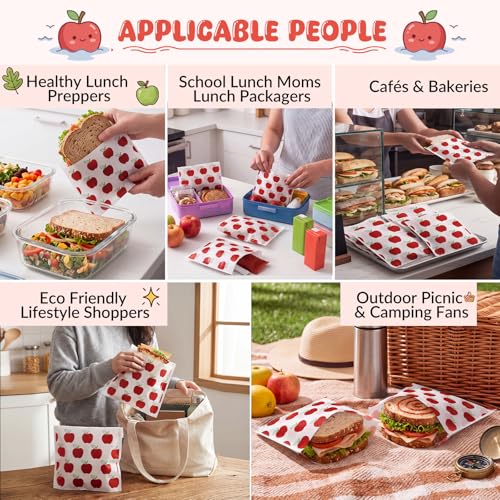 Epakh 200 Pack Paper Sandwich Bags with Apple Design 8 × 8 Inch Happy Food Storage Recyclable Grease Resistant Disposable Snack Bags for Family Home Use - style: Apple