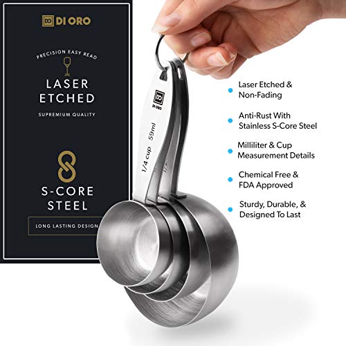 DI ORO Stainless Steel Measuring Cups & Spoons Set - 8-Piece Kitchen Set for Cooking & Baking - Food Grade Metal, Liquid Measuring, Dishwasher Safe