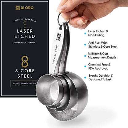 DI ORO Stainless Steel Measuring Cups & Spoons Set - 8-Piece Kitchen Set for Cooking & Baking - Food Grade Metal, Liquid Measuring, Dishwasher Safe