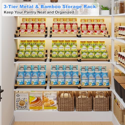 Expandable Bamboo & Iron Can Organizer, 3-Tier Adjustable Pantry Can Rack, Kitchen Cabinet Food Storage Shelf, Easy Access Canned Goods Soda Soup Can Holder, Hold Up to 30 Cans, Black - color: Black