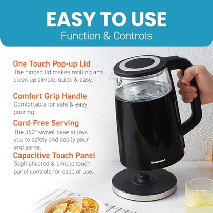 Elite Gourmet 1.7L Dual Wall Cool Touch Electric Tea Kettle, Borosilicate Glass, 304 Stainless Steel Interior, Programmed Digital Touchscreen, Keep Warm, Auto Off & Audible Indicator, Black - size: 1.8 Quarts