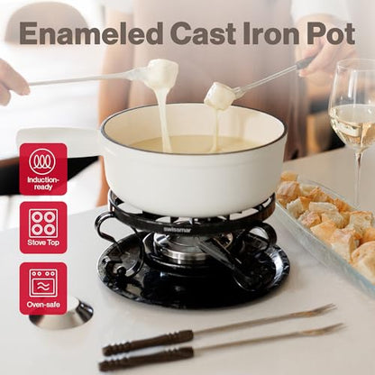 Swissmar Lugano Cast Iron Cheese Fondue Set, 9-Piece, 2 QT / 2 L - Ideal for Melting Cheese, Chocolates, Caramel, & More - Perfect for Kitchen Collection & Gift Giving - Matte White - color: Matte White