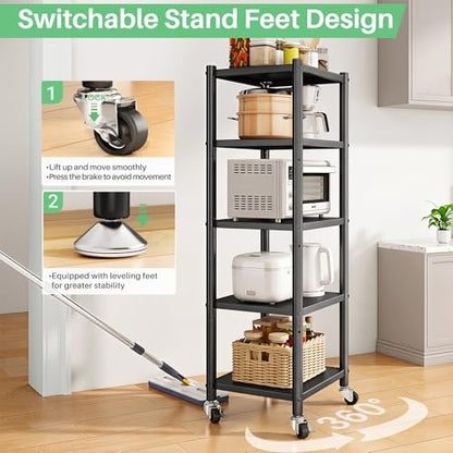 PXRACK 5-Tier Kitchen Storage Shelves, Adjustable Metal Shelves for Storage Pantry Shelves with Rolling Wheels, Storage Rack Shelving Unit Organizer for Bedroom Laundry Closet - size: 17"L x 12.4"W x 59"H