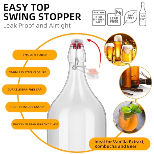 64oz Flip Top Glass Bottle 2 Liter Swing Brewing with Stopper for Beverages, Oil, Vinegar, Kombucha, Beer, Water, Soda, Kefir Airtight Lid & Leak Proof Cap Clear (clear 1 pc)